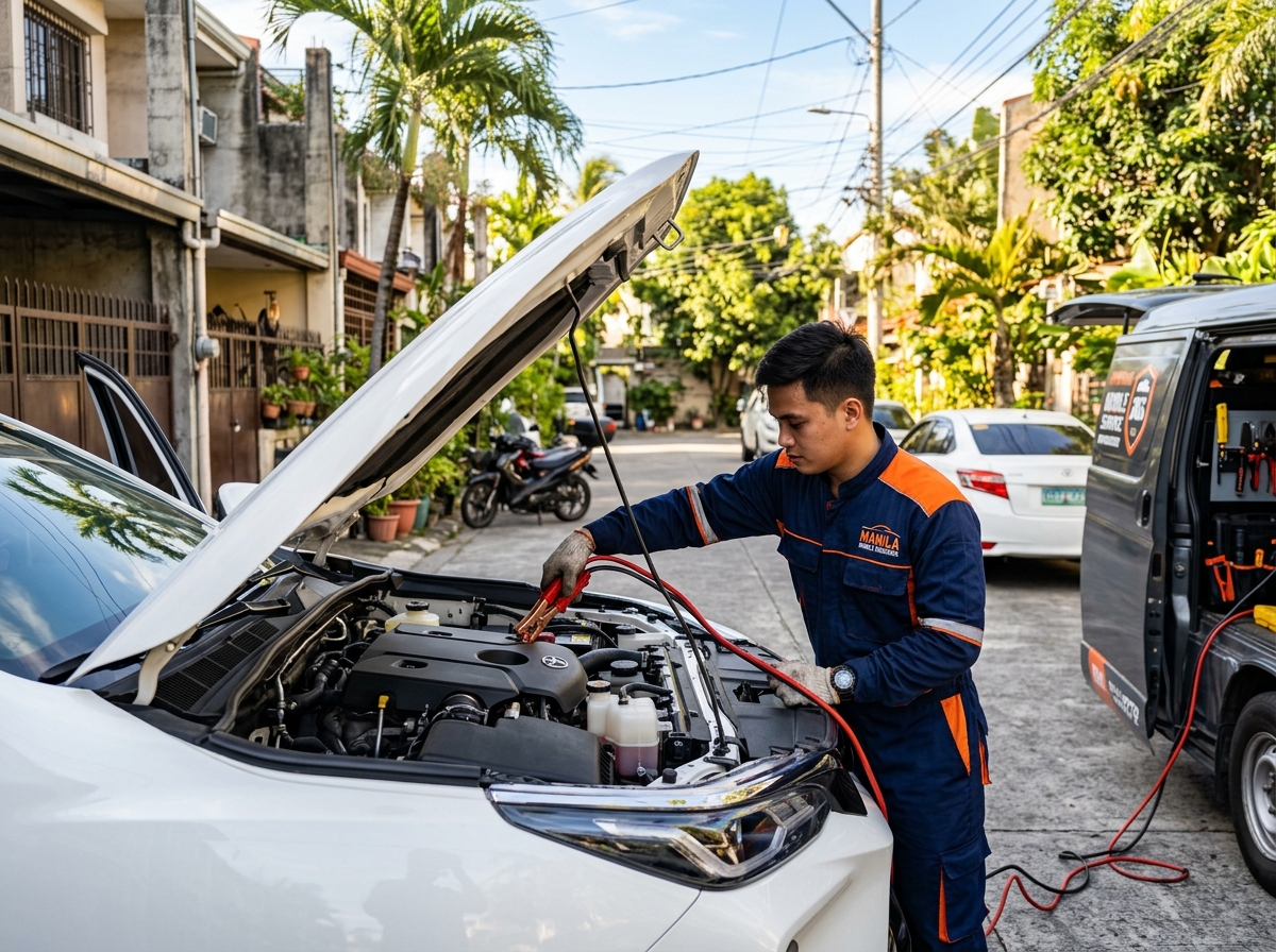 Filipino mobile mechanic jumpstarting vehicle battery in Manila