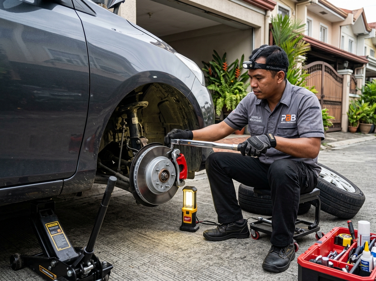 Filipino mobile mechanic servicing brake caliper and disc rotor