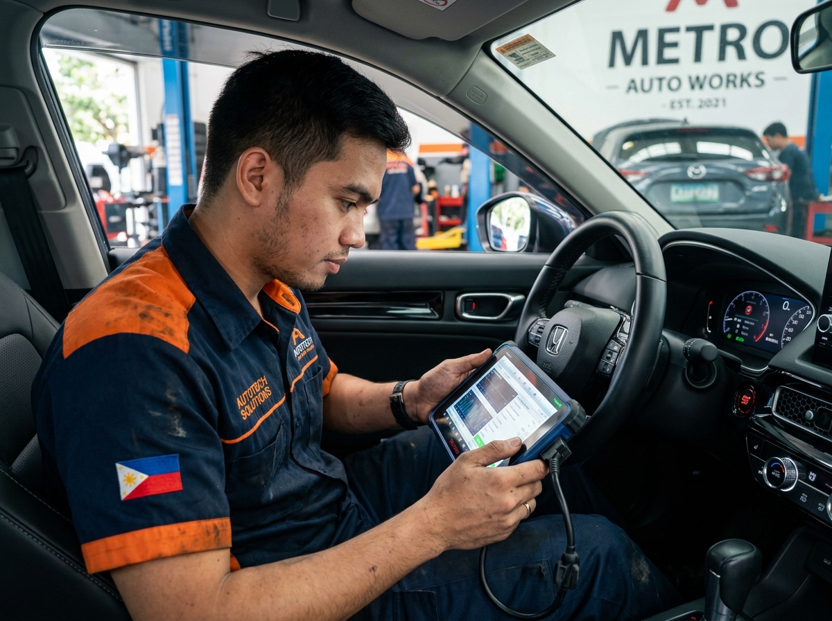 Filipino technician running digital computer diagnostics on car