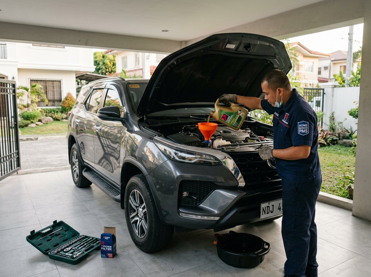 Filipino mechanic doing synthetic oil change PMS in driveway