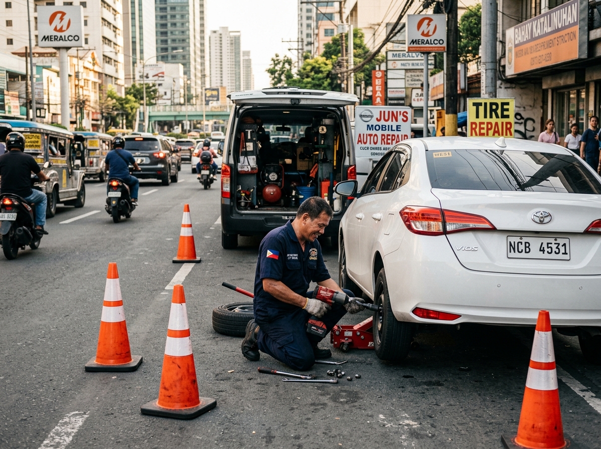 Filipino mobile mechanic fixing flat tire on Manila road