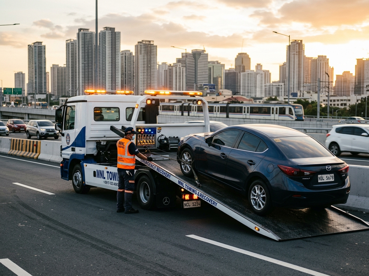 Filipino flatbed tow truck recovery operator in Metro Manila